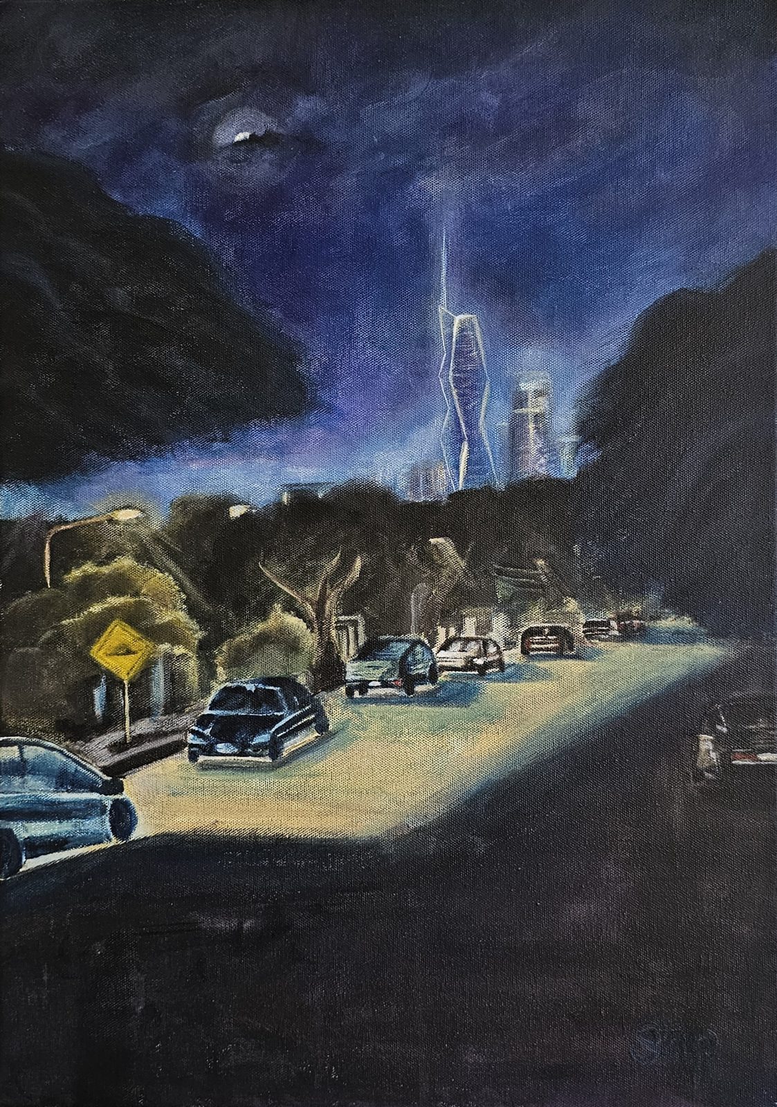 Commissioned acrylic painting of a tree-lined street at night, lightning striking Merdeka 118 under a violet storm sky